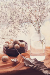 Still life walnuts in brown tones