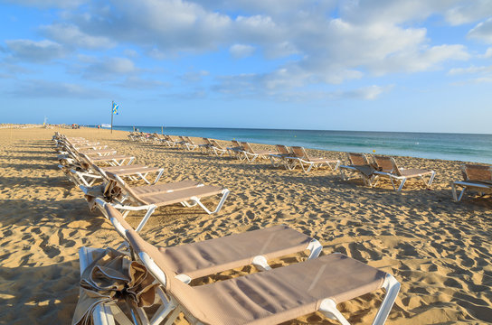 Sunbeds on Morro Jable beach, Fuerteventura, Canary Islands