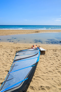 Windsurfing board on Morro Jable beach, Fuerteventura island