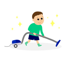 A boy vacuuming the floor