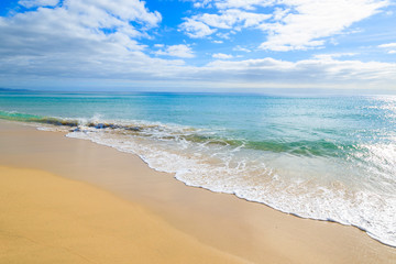Fototapeta na wymiar Ocean wave on sandy Jandia beach, Fuerteventura island