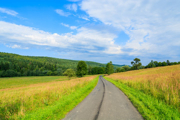 Rural road in green fields in Bieszczady Mountains, Poland