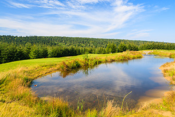 Lake on golf course in Bieszczady Mountains on sunny day, Poland