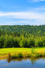 Lake on golf course in Bieszczady Mountains on sunny day, Poland
