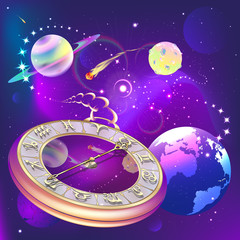 star background with clock and zodiac signs, vector illustration - 73551426