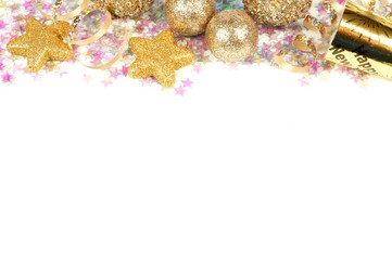New Years Eve border of confetti and golden decorations on white