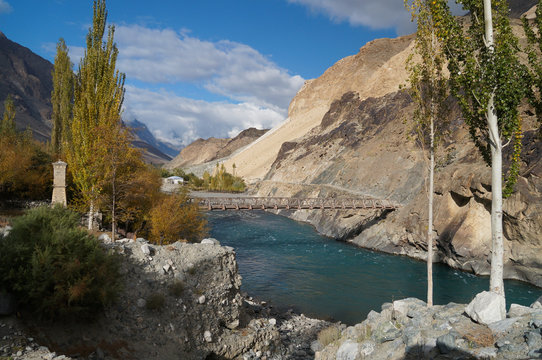 Wood bridge across the river in Ghizer Valley, Pakistan
