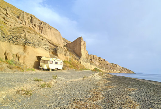 car caravan on the beach in summer