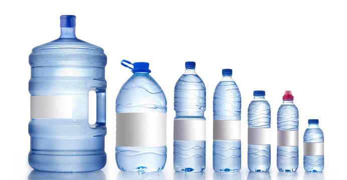 Different water bottles isolated on white, Water Bottles Mockup