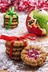 fragrant cookies on background of decorated Christmas ornaments
