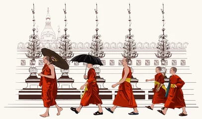 Buddhist monks walking in a temple © Isaxar