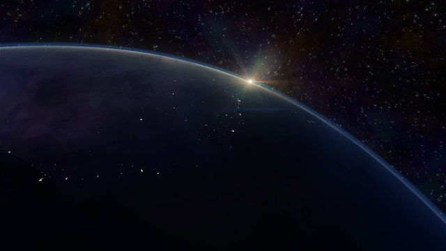 Cinematic and very realistic sunrise seen from space