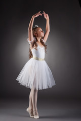 Fototapeta na wymiar Sweet little ballerina posing on gray backdrop