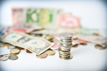 Coins pile and money