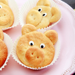 Close Up Cute Pig Cookies on Pink Plate