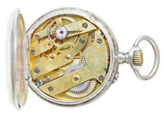 above view of brass movement retro pocket watch