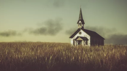 Poster Oude verlaten witte houten kapel op prairie bij zonsondergang met clou © ysbrandcosijn