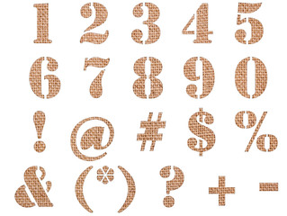 Burlap material textured numbers, signs and symbols