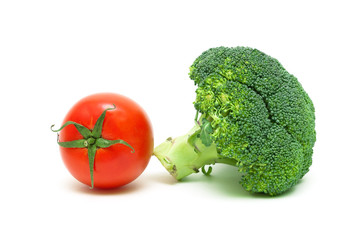 tomato and broccoli isolated on white background close-up