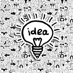 Light bulb icon on arrow filled background.