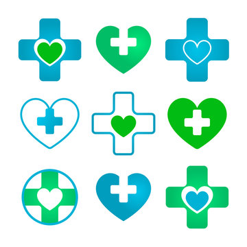 Medical and pharmaceutical icons based on cross and heart