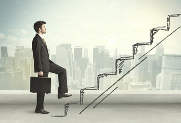 Business man climbing up on hand drawn staircase concept