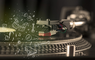 Turntable playing classical music with icon drawn instruments