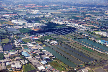 Bird's-eye view on  rice fields Bangkok vicinity