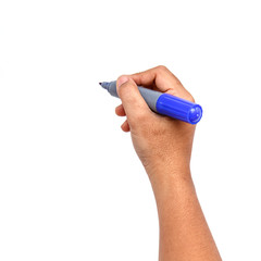 Hand holding marker isolated on white background