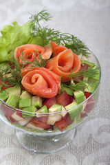 Avocado salad with salmon.