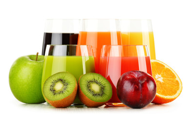 Glasses of assorted fruit juices isolated on white. Detox diet