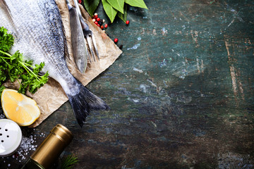 Food background with Fish and Wine