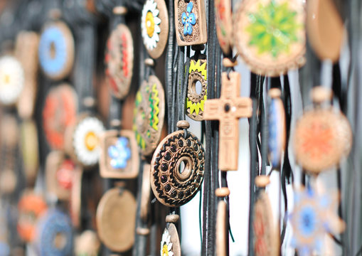 Various necklaces at souvenir market in Romania, close up