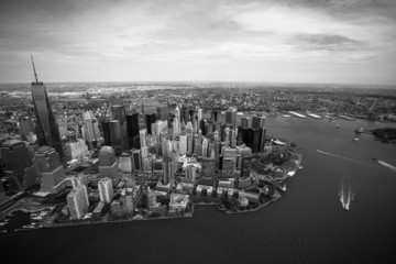 New York. Stunning helicopter view of lower Manhattan.In black a