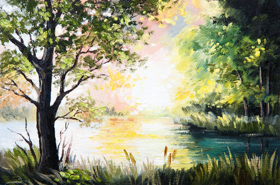 Oil painting landscape - lake in the forest