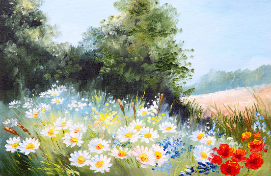 Oil painting landscape - meadow of daisies