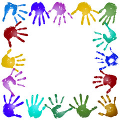 Conceptual children painted hand print frame isolated