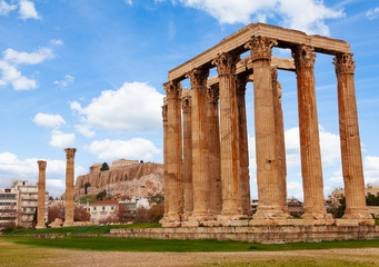 Zeus temple Athens with Acropolis in Greece