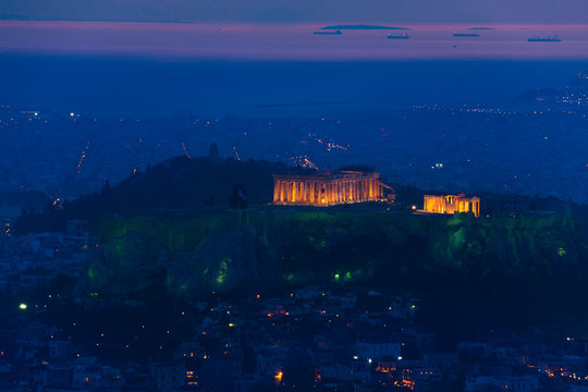 Night panorama, Parthenon temple, Athens in Greece
