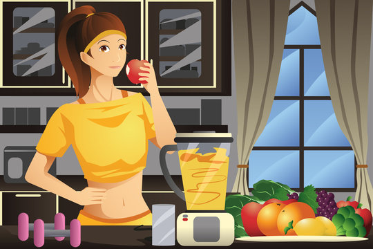 Healthy woman making fruit juice