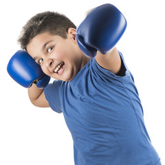 Cute child boxing isolated on white background.