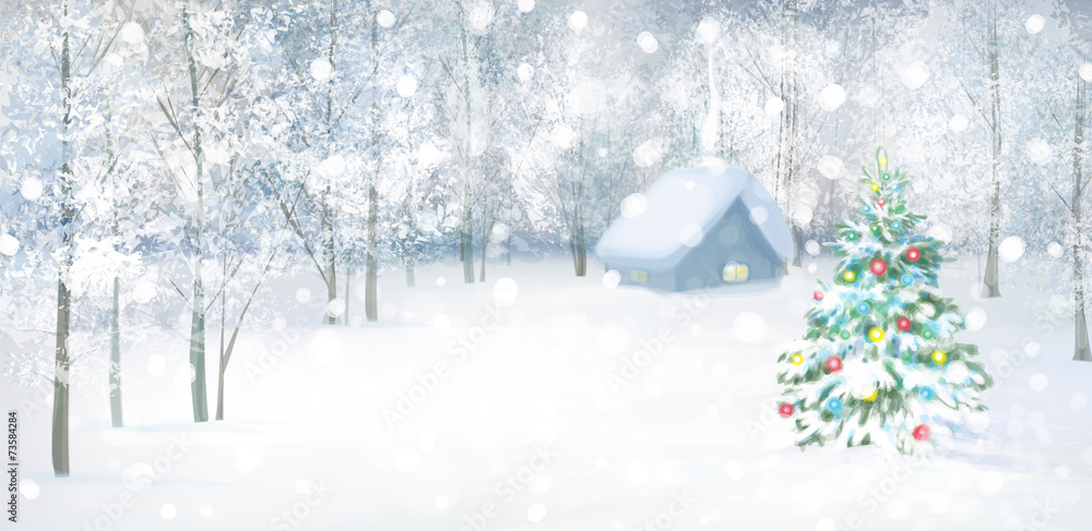 Canvas Prints vector christmas tree in snowy forest.