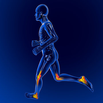 Uomo scheletro in corsa dolore infiammazione ginocchio anca