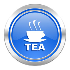 tea icon, blue button, hot cup of tea sign