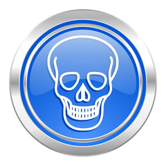 skull icon, blue button, death sign