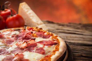 Delicious italian pizza served on wooden table