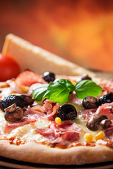 Delicious italian pizza served on wooden table