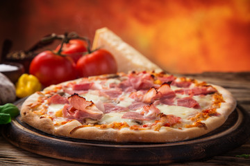 Delicious italian pizza served on wooden table