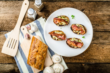 Rustic breakfast - bread toast, mushrooms, eggs
