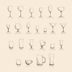 Different glass glasses in sketch style, vintage color edition